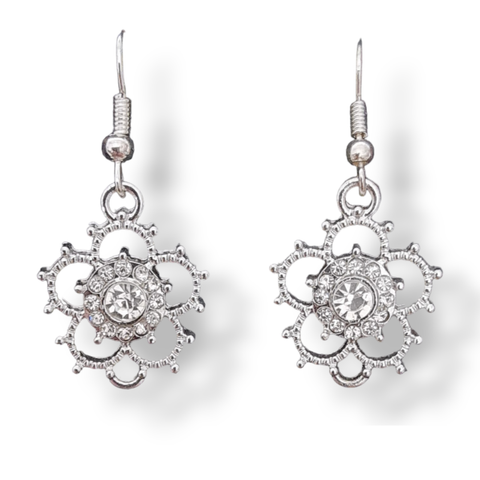 Silver & Austrian Crystal Rosette Flower Drop Earrings - Charming and Trendy Ltd
