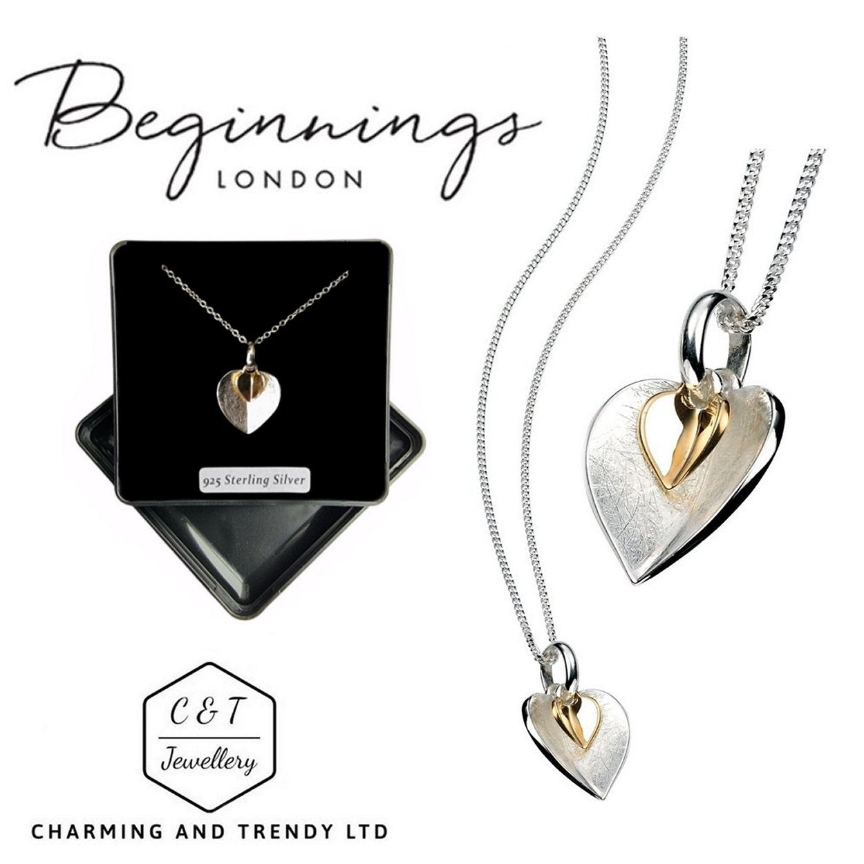 925 Sterling Silver & Gold Plated Double Heart Pendant & Chain - Gift Boxed - Charming And Trendy Ltd