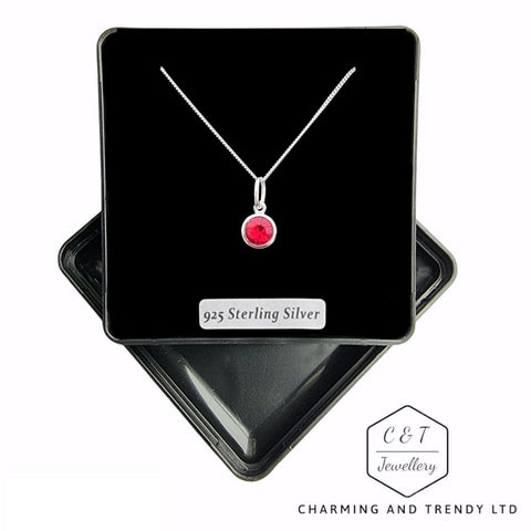 925 Sterling Silver Ruby Preciosa Crystal Solitaire Pendant Necklace - Charming and Trendy Ltd