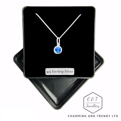 925 Sterling Silver Sapphire Preciosa Crystal Solitaire Pendant Necklace - Charming and Trendy Ltd