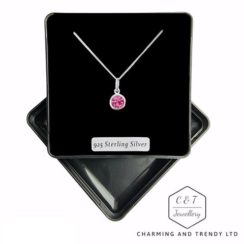 925 Sterling Silver Rose Pink Preciosa Crystal Solitaire Pendant Necklace - Charming and Trendy Ltd