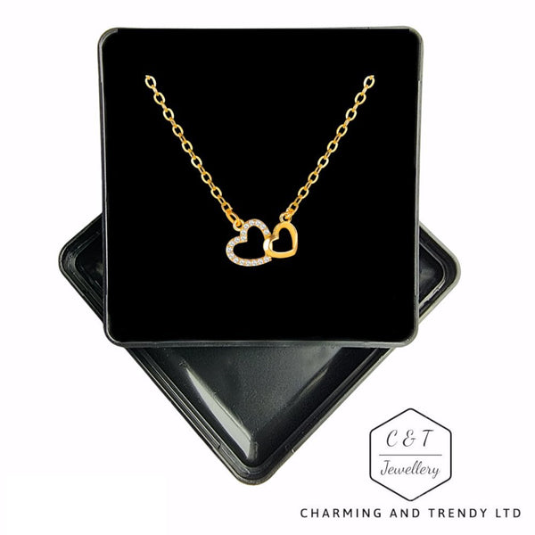 Double Heart Pendant with Cubic Zirconia crystals 16"-18" Chain = Charming and Trendy Ltd