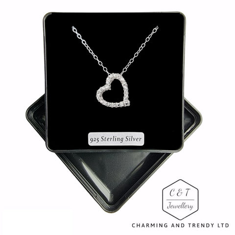 925 Sterling Silver Open Heart Pendant with Cubic Zirconia - Gift Boxed