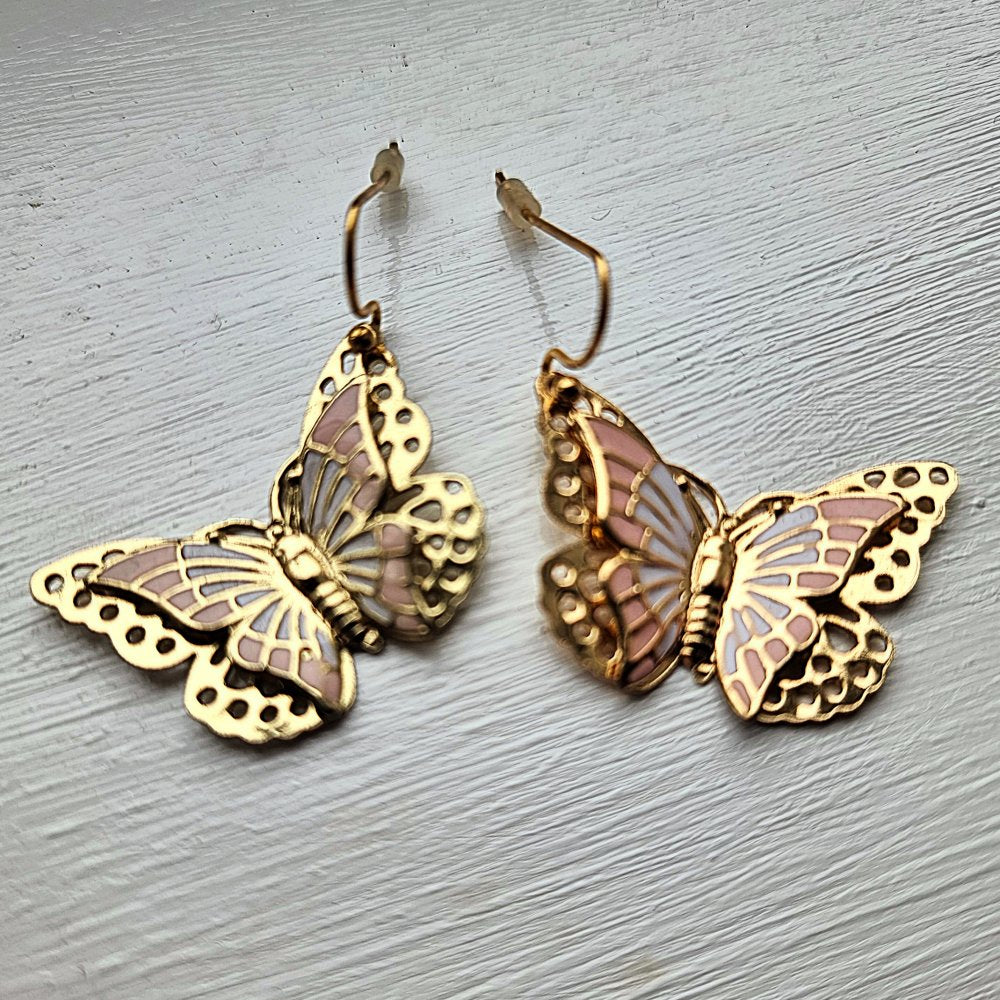 Gold, Pink and White Butterfly Hook Earrings - Gift Boxed - Charming and Trendy Ltd