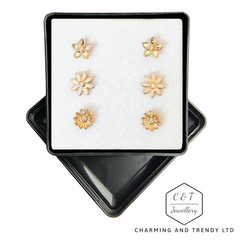 Small Flower Stud Earrings -Gold Colour - Set of 3 Pairs - Charming and Trendy Ltd