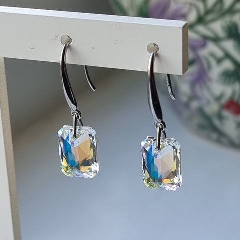 Austrian Crystal Emerald Cut Drop Earrings - Aurora Borealis - Charming and Trendy Ltd