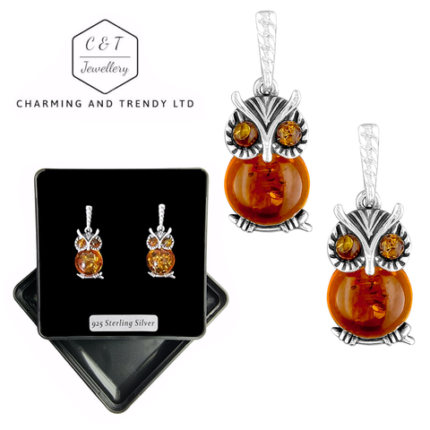 925 Sterling Silver Cognac Amber Small Owl Stud Drop Earrings - Charming and Trendy Ltd