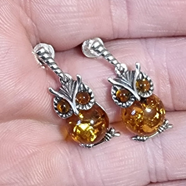 925 Sterling Silver Cognac Amber Small Owl Stud Drop Earrings - Charming and Trendy Ltd