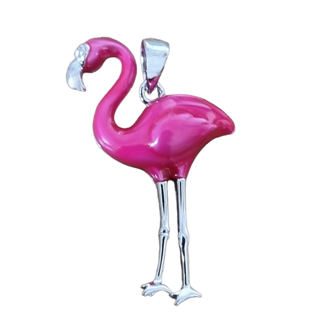925 Sterling Silver Pink Enamelled Large Flamingo Pendant Charm