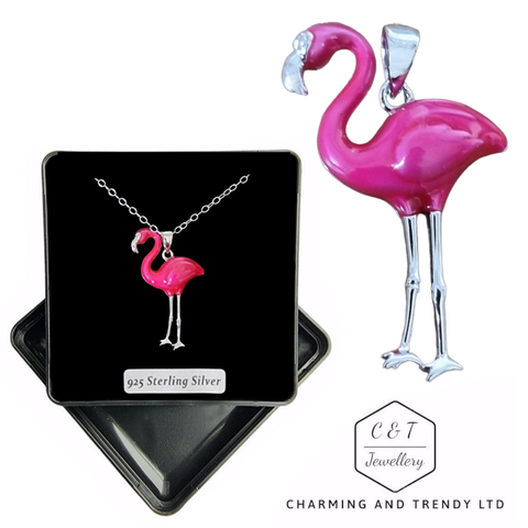 925 Sterling Silver Pink Enamelled Large Flamingo Pendant - Charming and Trendy Ltd