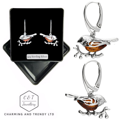 925 Sterling Silver Earring Cognac Amber Robin Hinged Hook Earrings - Charming and Trendy Ltd