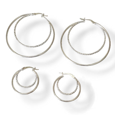 925 Sterling Silver Plain and Textured Double Creole Hoop Earring - Charming and Trendy Ltd