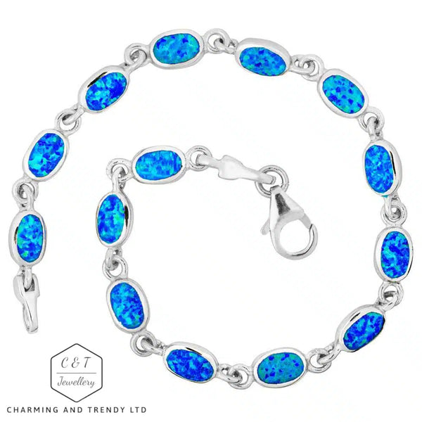 925 Sterling Silver Blue Lab-Created Opal Oval Bracelet - Charming and Trendy Ltd