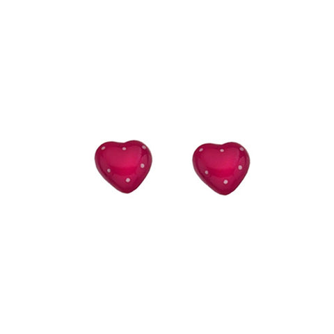 925 Sterling Silver Small Dark Pink Enamel Polka Dot Heart Stud Earrings - Charming and Trendy Ltd