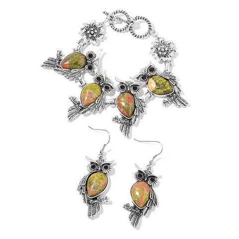 Unakite and Black Austrian Crystal Owl Hook Earrings and Bracelet 7.5 Inch