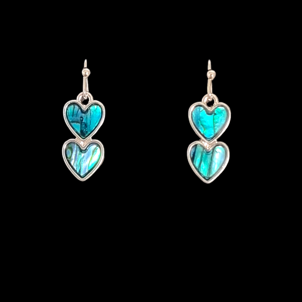 Double Heart Paua Abalone Shell Dangle/Drop Hook Earrings - Gift Boxed