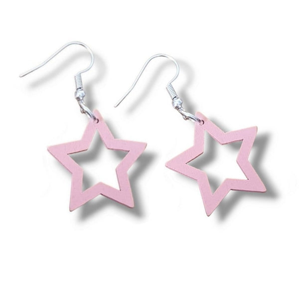 Wooden Star Drop Earrings - Silver Plated Hooks - Charming and Trendy Ltd