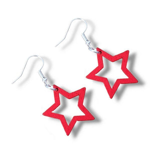 Wooden Star Drop Earrings - Silver Plated Hooks - Various Colours