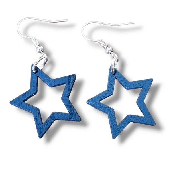 Wooden Star Drop Earrings - Silver Plated Hooks - Charming and Trendy Ltd