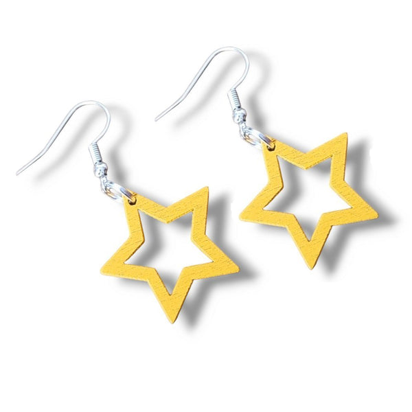 Wooden Star Drop Earrings - Silver Plated Hooks - Various Colours