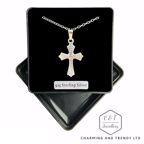 925 Sterling Silver Shaped Patterned Cross Pendant and Chain - Charming and Trendy Ltd