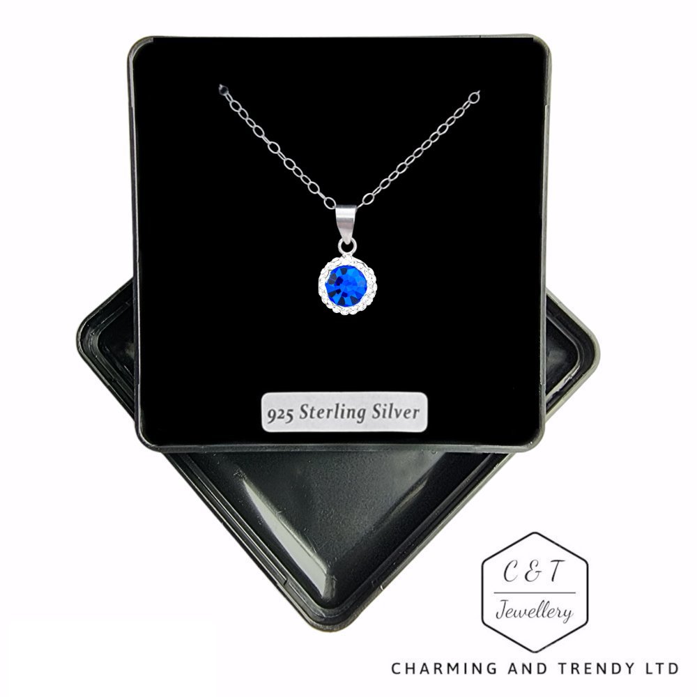 925 Sterling Silver Sapphire & Clear CZ Crystal Pendant - Carming and Trendy Ltd