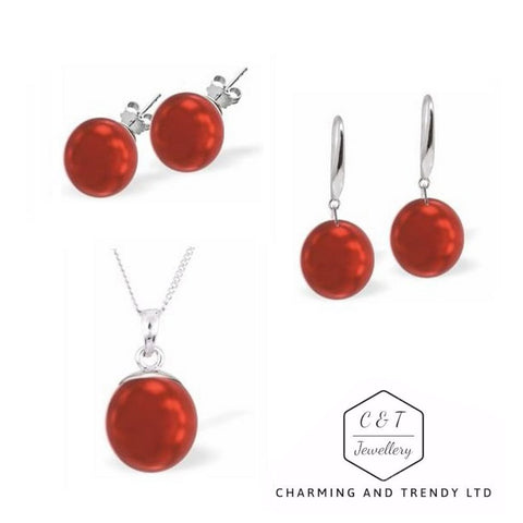 Austrian Crystal Pearl Earrings and Pendant in Iredescent Rouge Red