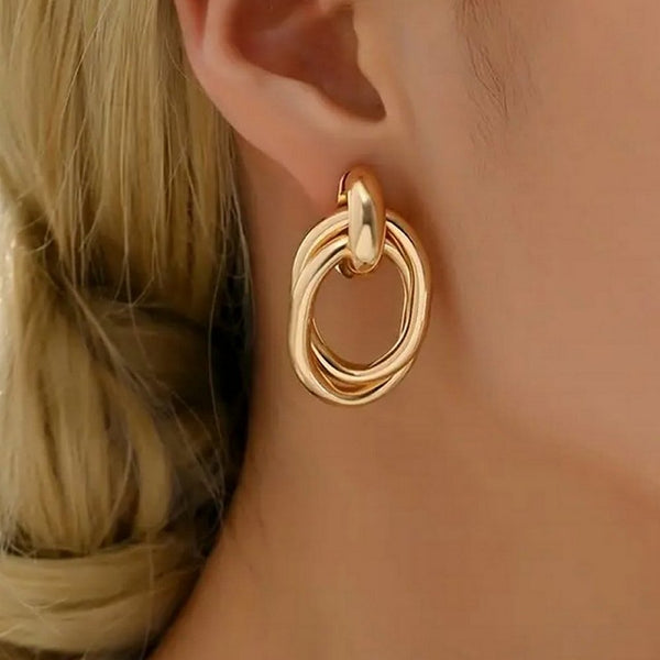 Double Round Alloy Dangle Stud Earrings in Gold - Charming and Trendy Ltd