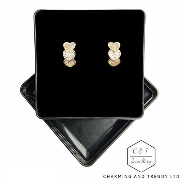 18ct Gold Plated 3 Heart Design & Zircon Inlaid Hoop Earrings - Charming and Trendy Ltd