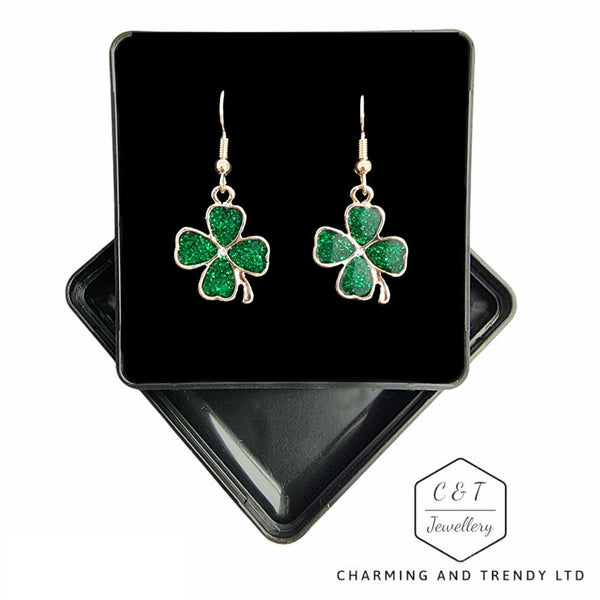 Lucky Four-Leaf Clover Gold & Dark Green Dangle Earrings - Charming and Trendy Ltd
