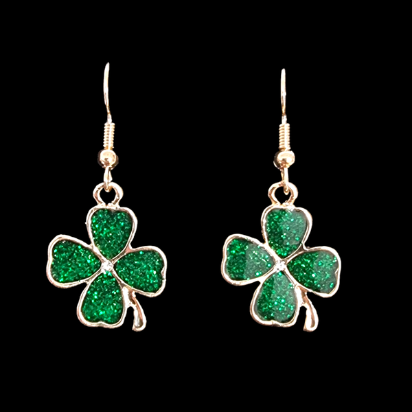 Lucky Four-Leaf Clover Gold & Dark Green Dangle Earrings - Charming and Trendy Ltd
