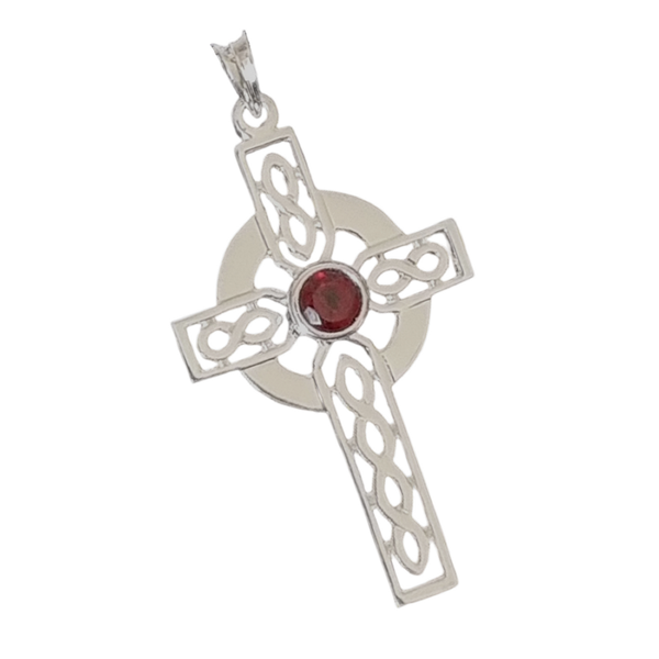 925 Sterling Silver Large Celtic Cross & Garnet Pendant Necklace - Charming and Trendy Ltd