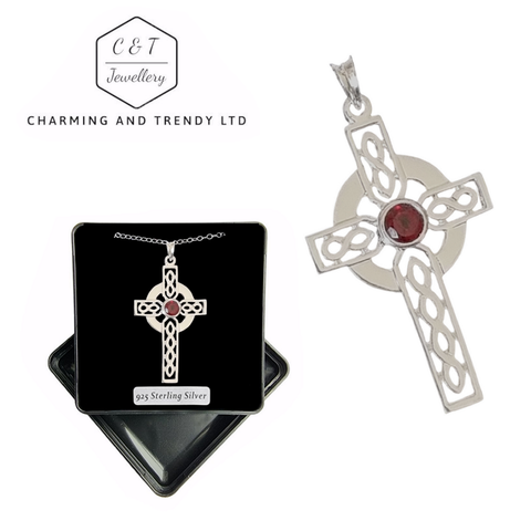 925 Sterling Silver Large Celtic Cross & Garnet Pendant Necklace - Charming and Trendy Ltd