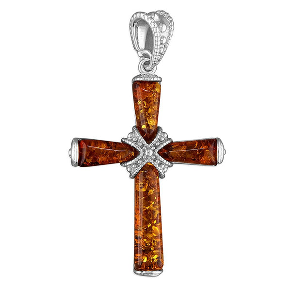 925 Sterling Silver Cognac Amber Strapped Cross Pendant Necklace - Charming and Trendy Ltd