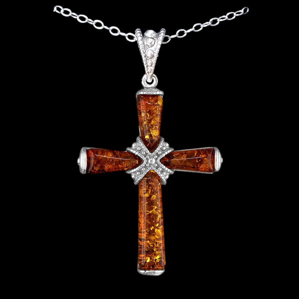 925 Sterling Silver Cognac Amber Strapped Cross Pendant Necklace - Charming and Trendy Ltd