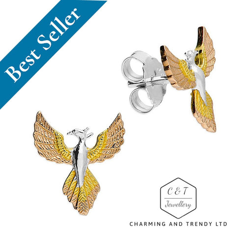 925 Sterling Silver Three-Tone Phoenix Stud Earrings - Charming and Trendy Ltd
