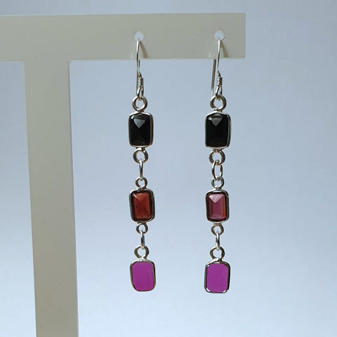 925 Sterling Silver Black Onyx, Purple and Pink Quartz Dangle Earrings - Charming and Trendy Ltd