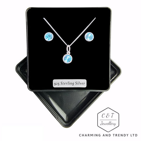 925 Sterling Silver Aquamarine Preciosa Crystal Pendant & Stud Earrings - Charming and Trendy Ltd