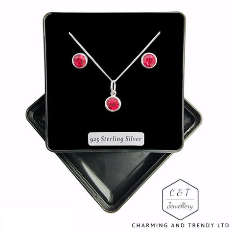 925 Sterling Silver Ruby Preciosa Crystal Pendant & Stud Earrings - Charming and Trendy Ltd