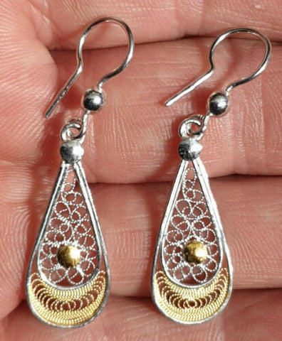 Maltese Filigree Sterling Silver Earrings with part Gold Overlay 25mm - Handmade - Charming And Trendy Ltd