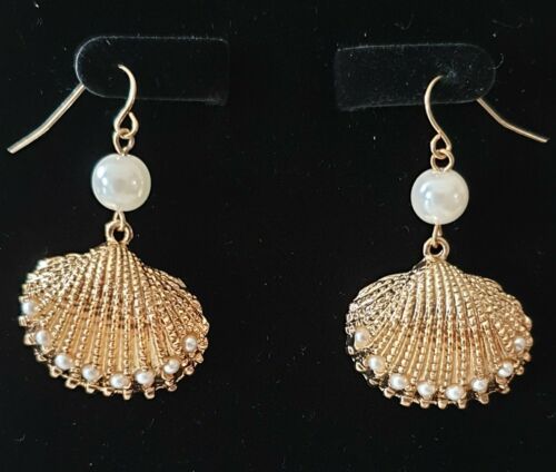 Gold Shell and Pearl Drop Earrings - Fantastic Gold Look Costume Jewellery. - Charming And Trendy Ltd