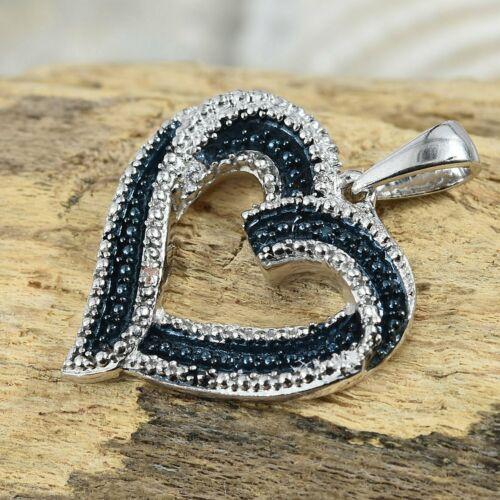 Blue & White Diamond Heart Pendant, Platinum Overlay Sterling Silver & 18" Chain - Charming And Trendy Ltd