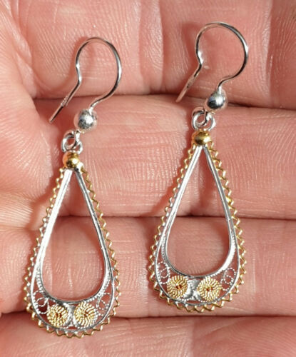 Maltese Filigree Sterling Silver Earrings with part Gold Overlay 35mm - Handmade - Charming And Trendy Ltd