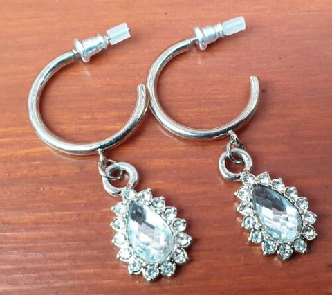 Pretty Stone Drop Hoop Earrings - Fantastic Silver Look Costume Jewellery - Charming And Trendy Ltd