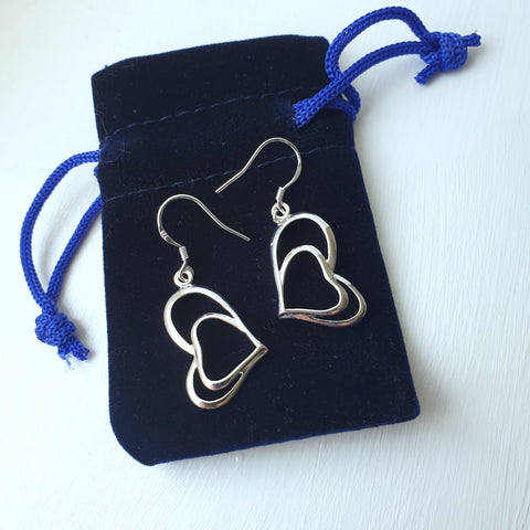 Silver Plated Double Heart Dangle Drop Earrings with Stiling Silver Hooks - Charming And Trendy Ltd