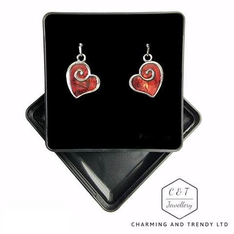 Red Paua Shell Heart Swirl Earrings - Charming And Trendy Ltd