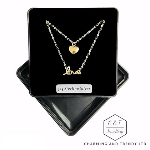 Stirling Silver Gold Plated Heart & Love Double Chain Pendant Necklace - Charming and Trendy Ltd