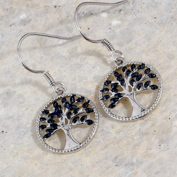 925 Sterling Silver Blue Diamond Tree Of Life Earrings - Charming and Trendy Ltd
