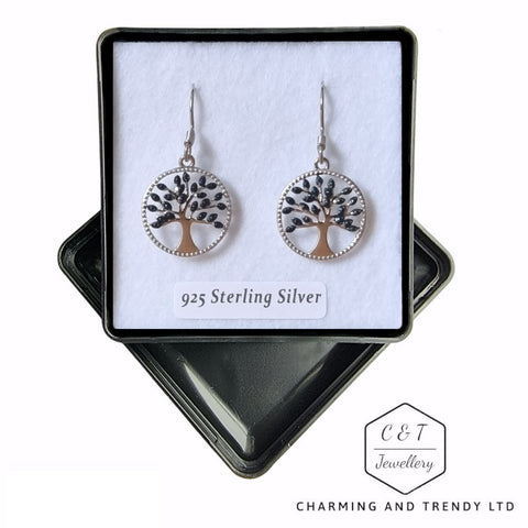 925 Sterling Silver Blue Diamond Tree Of Life Earrings - Charming and Trendy Ltd