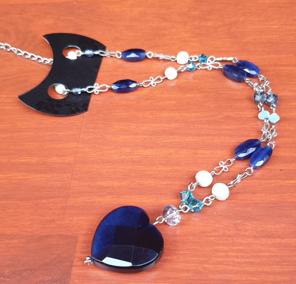 Blue Heart Pendant with Pearl and Blue Tone Bead Necklace - Charming And Trendy Ltd